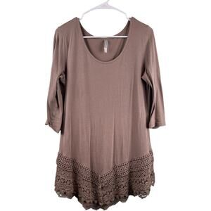 Monoreno Lettuce Crochet Trim Hem Tunic Boho Dress Tan 100% Cotton Womens Medium